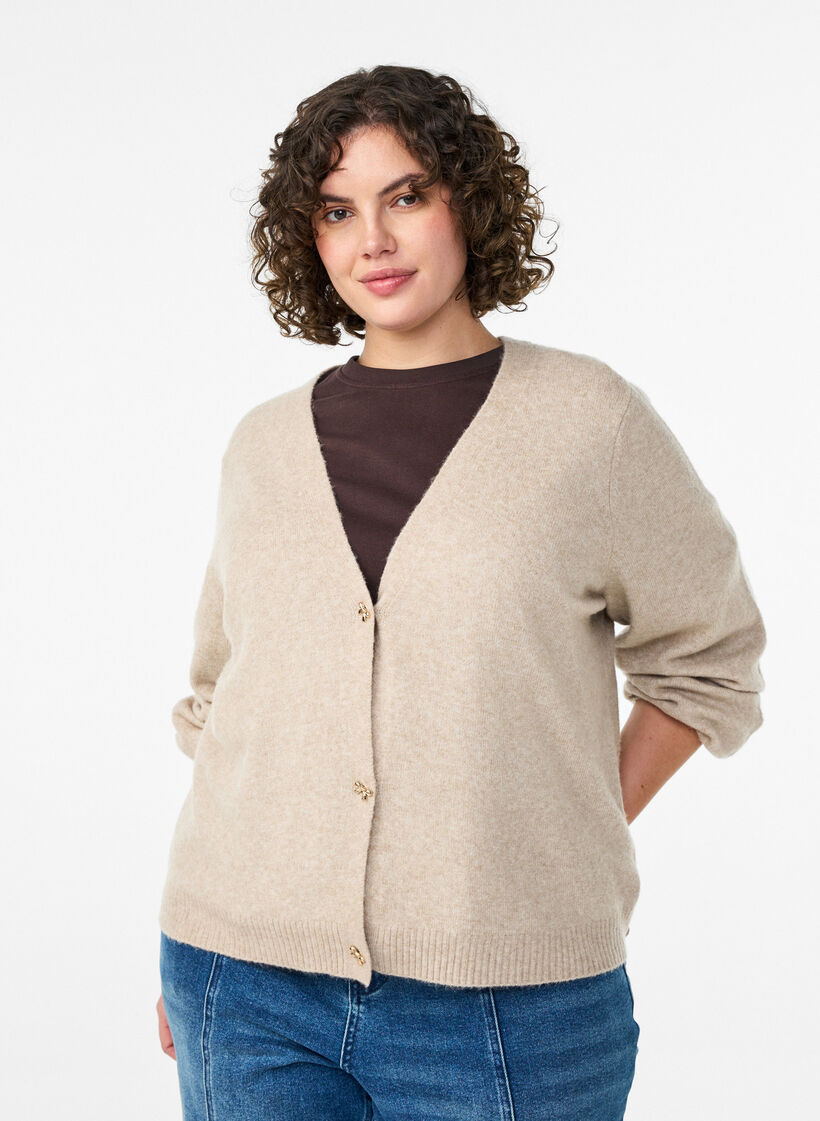 Strikkecardigan med ull og sløyfeknapper, Beige, Model image number 0