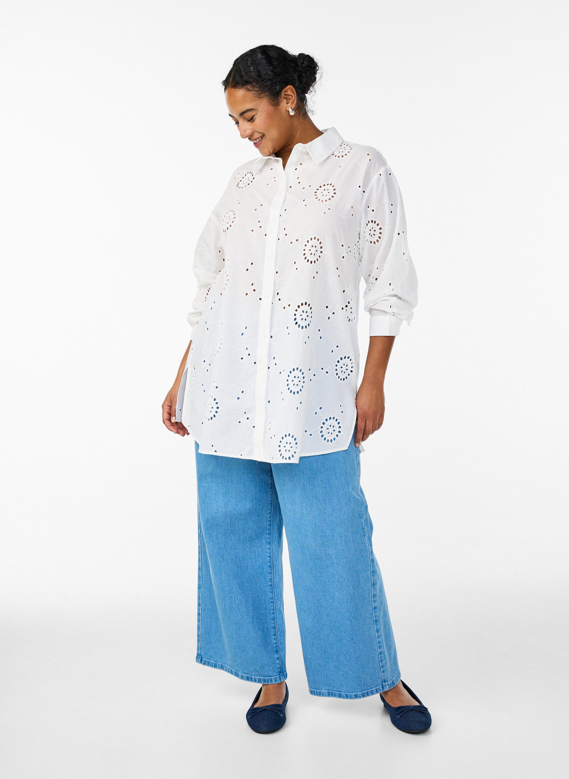 Zizzi Bomullstunika med broderi anglaise, Hvit, Model image number 1