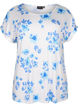 Blomstret bluse i viskose med korte ermer, White Blue AOP, Packshot image number 0