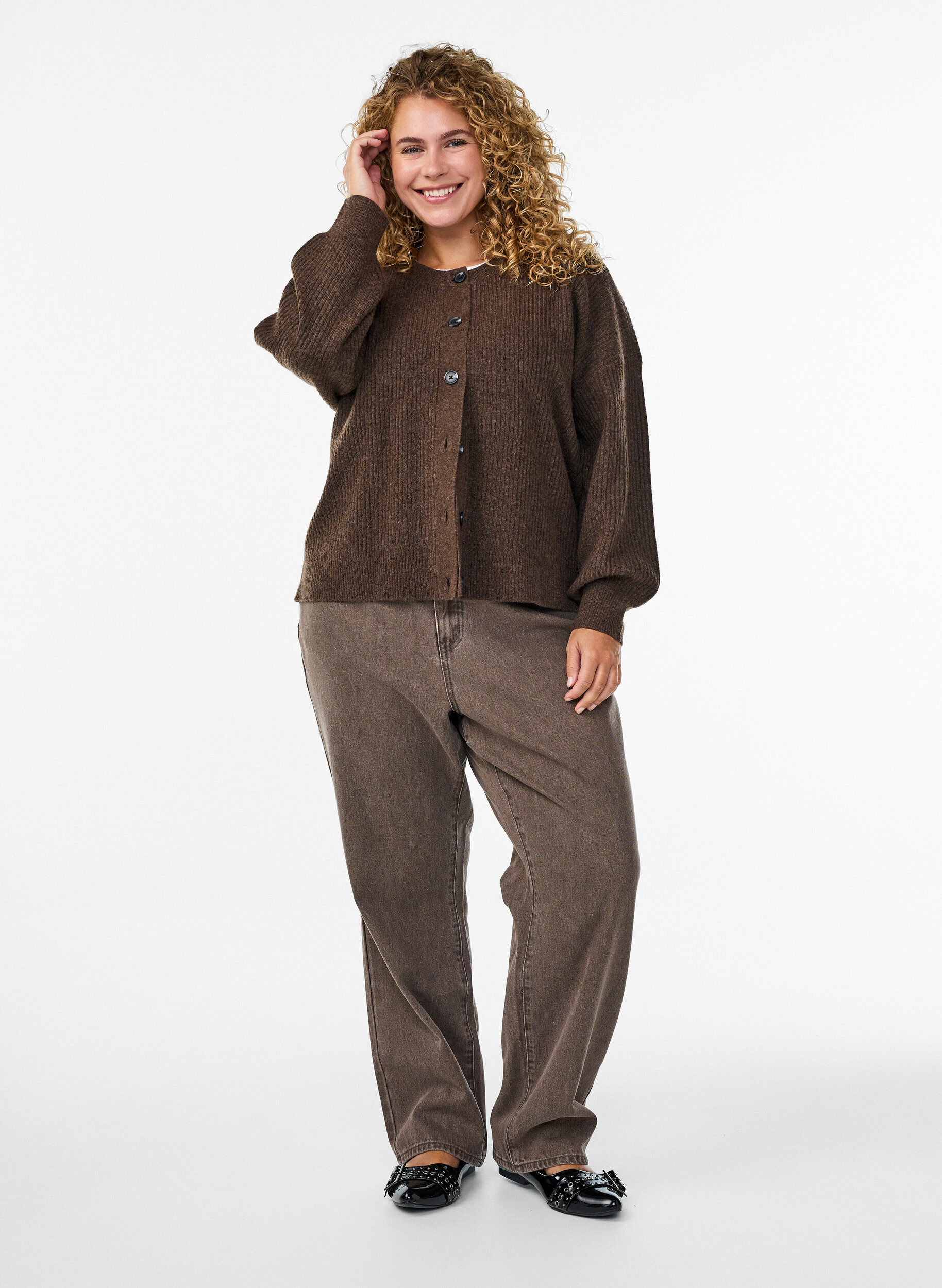 ZizziRibbestrikket cardigan med knapper, Brun, Model image number 1