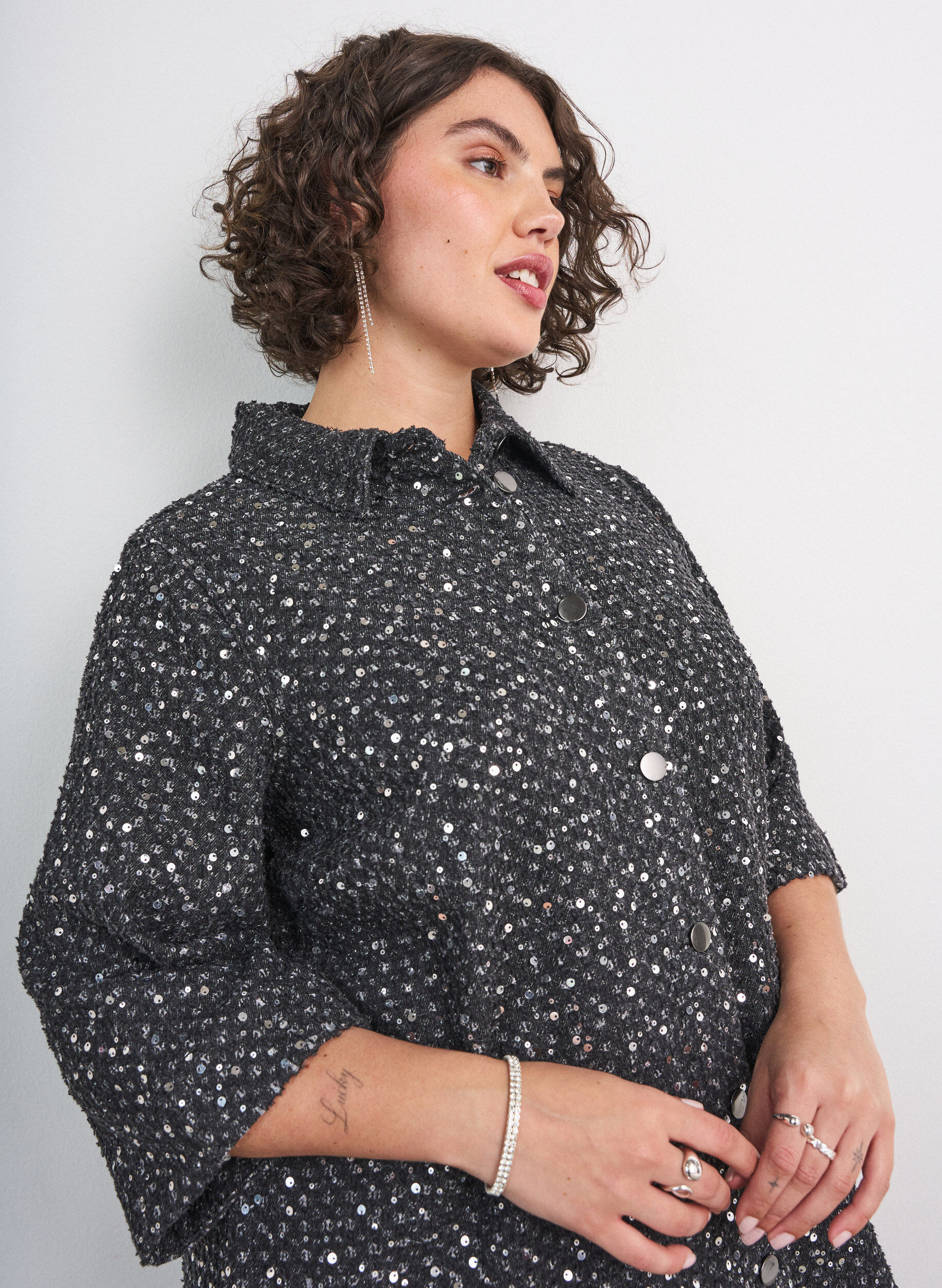 ZizziDenimkjole med paljetter og 3/4-ermer, Svart, Model image number 3