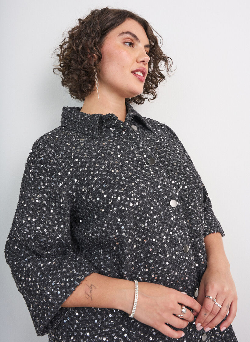 Denimkjole med paljetter og 3/4-ermer, Svart, Model image number 3