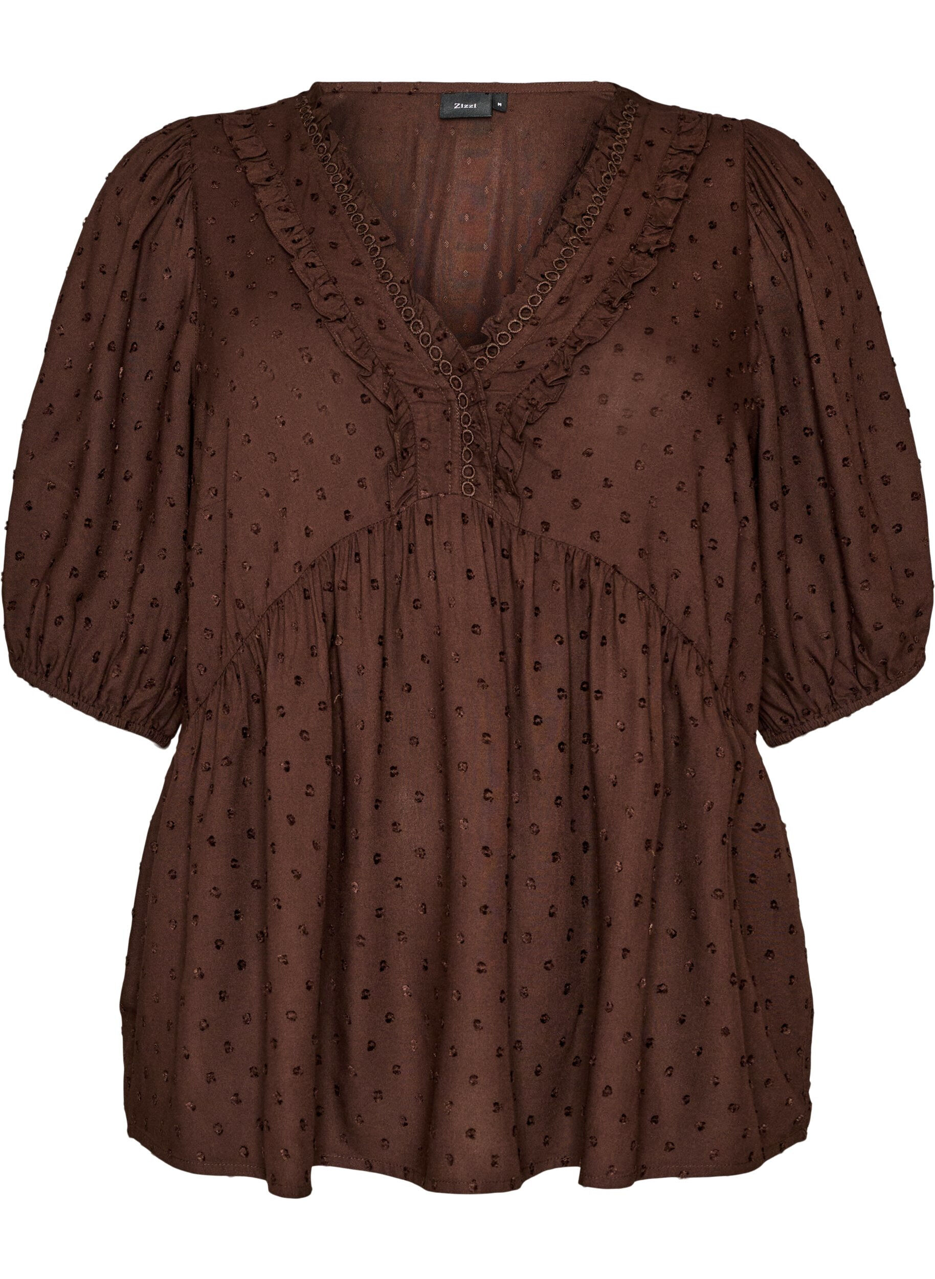 ZizziViskosebluse med prikket tekstur og V-hals, Brun, Packshot image number 0