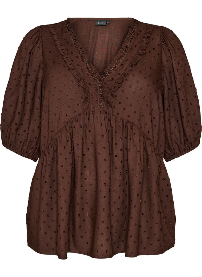 Viskosebluse med prikket tekstur og V-hals, Brun, Packshot image number 0