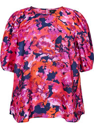 Bluse med 1/2 erme og fargerikt trykk, Pink Flower AOP