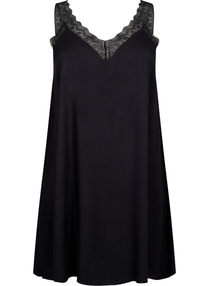 Stroppkjole i viskose med blonder, Black, Packshot image number 0