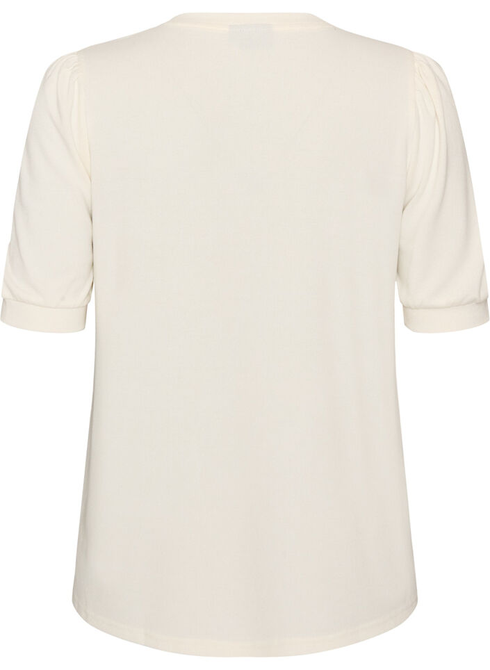 Bluse med knappedetaljer og korte puffermer, Beige, Packshot image number 1