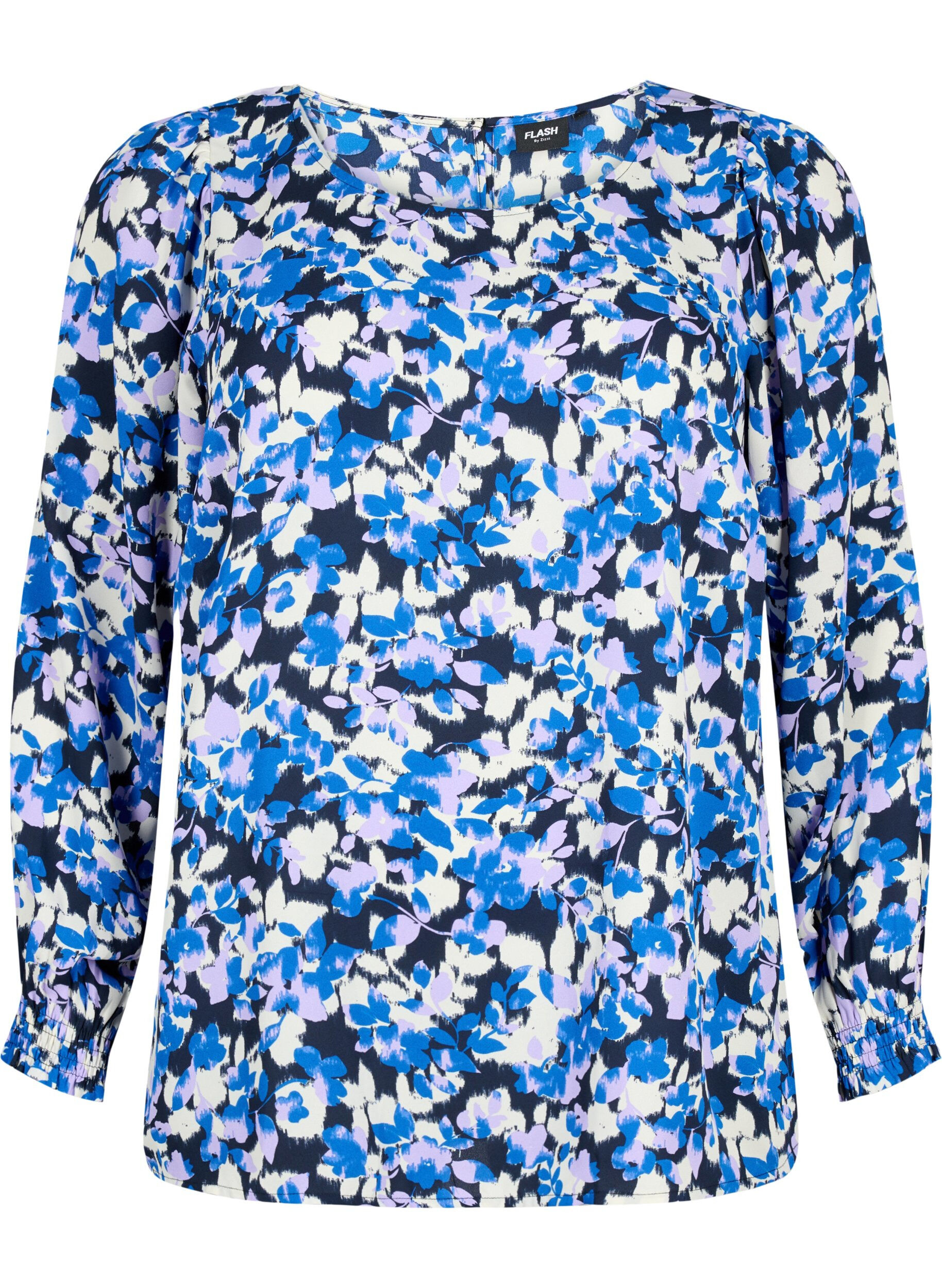 Zizzi FLASH - Bluse med lange ermer og trykk	, Blue Purple Flower, Packshot image number 0