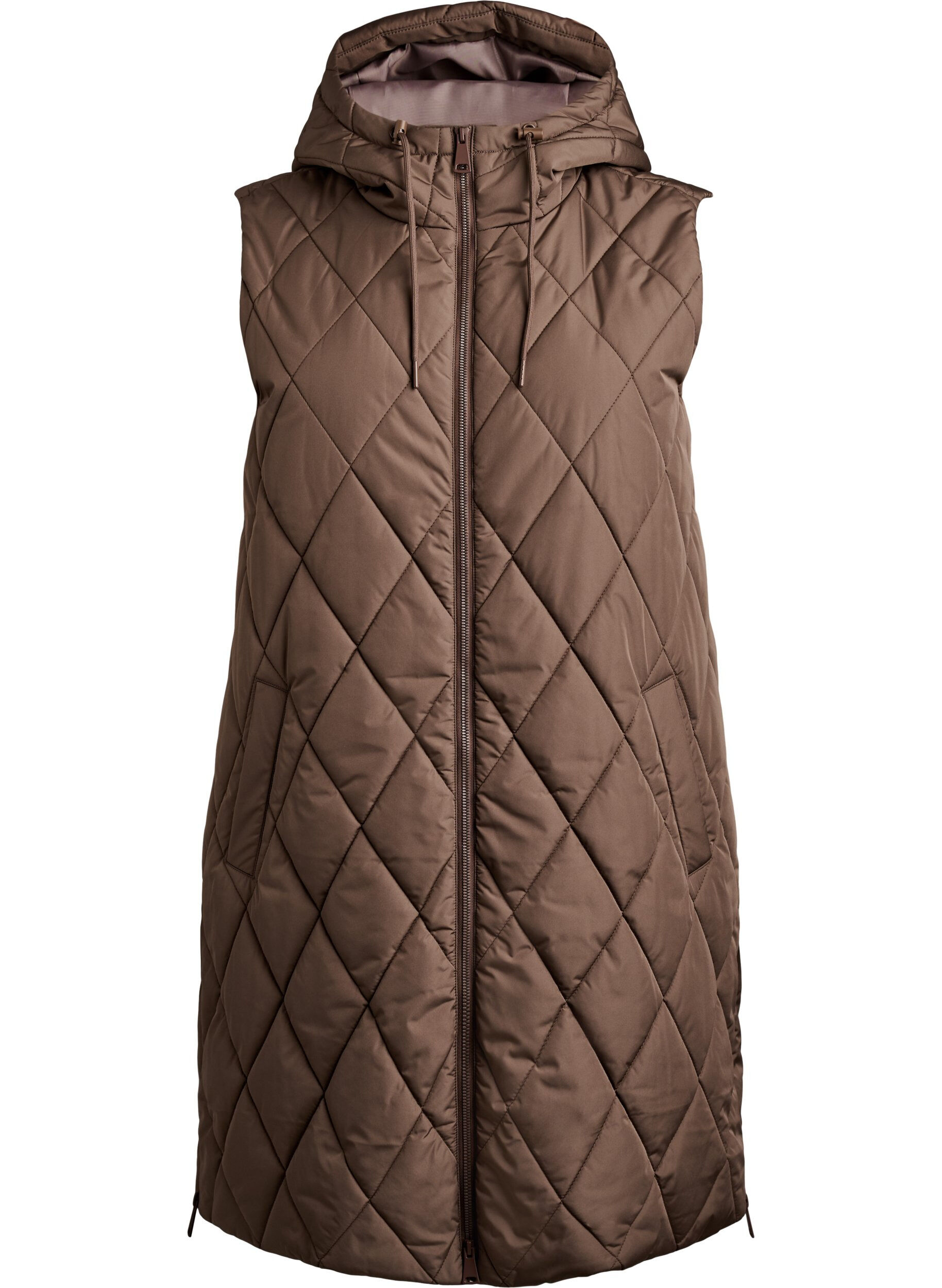 ZizziMellomlang quiltet vest med hette, Brun, Packshot image number 0