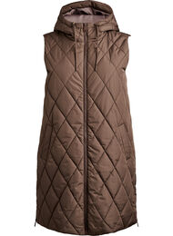 Mellomlang quiltet vest med hette, Brun