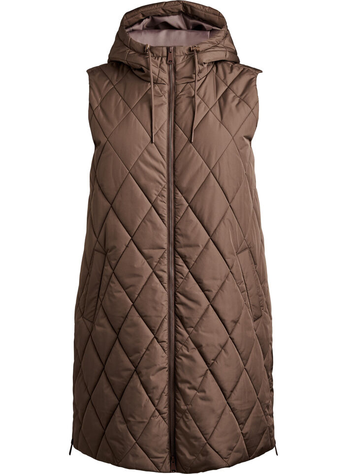 Mellomlang quiltet vest med hette, Brun, Packshot image number 0