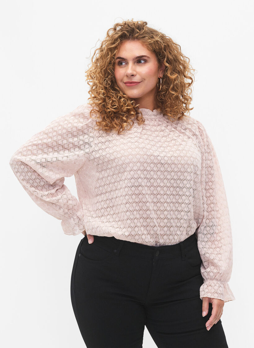 Bluse med lange ermer og mønstret tekstur, Whisper Pink, Model image number 0