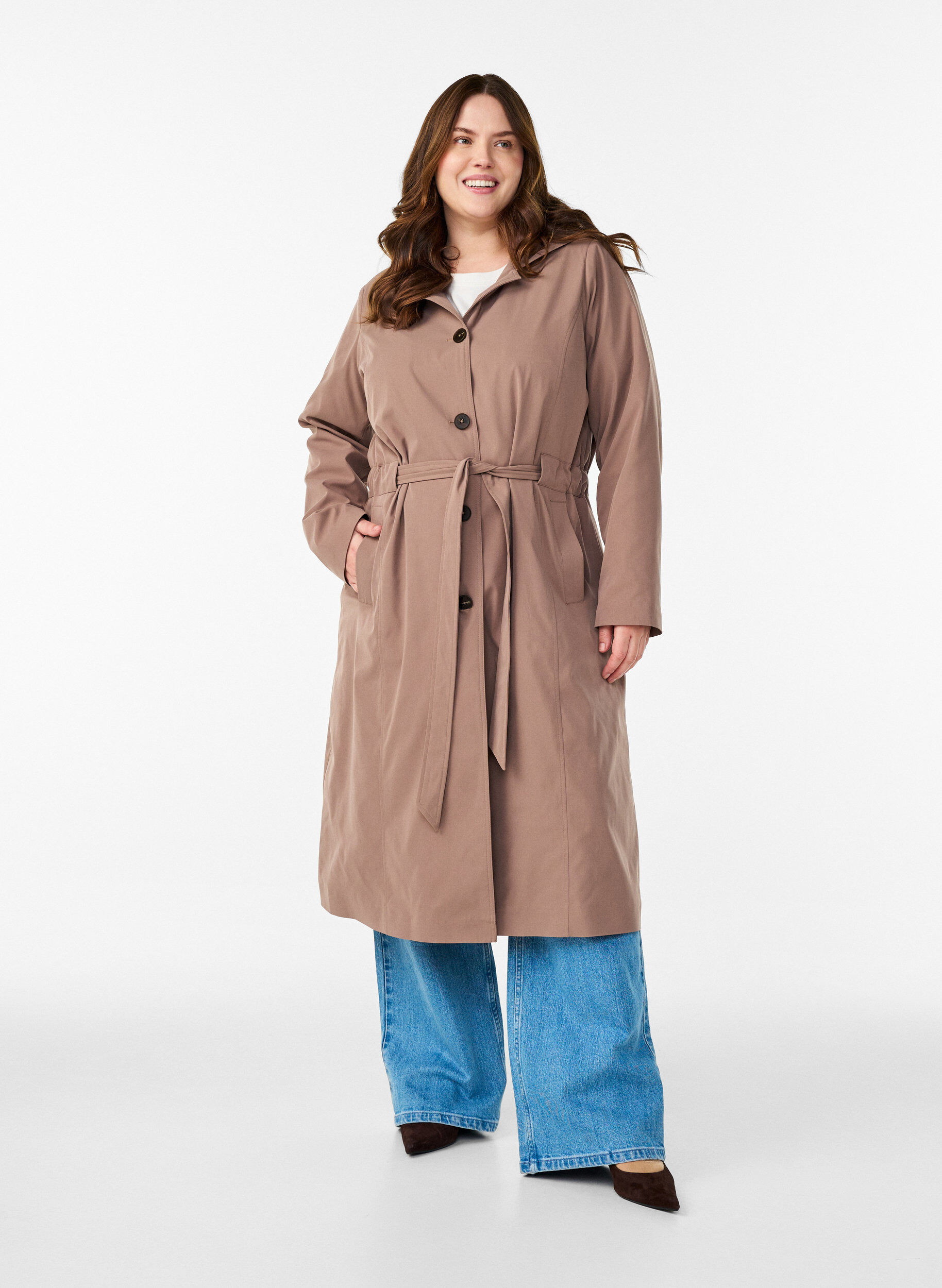 Zizzi Trenchcoat med hette og knytebelte, Brun, Model image number 1