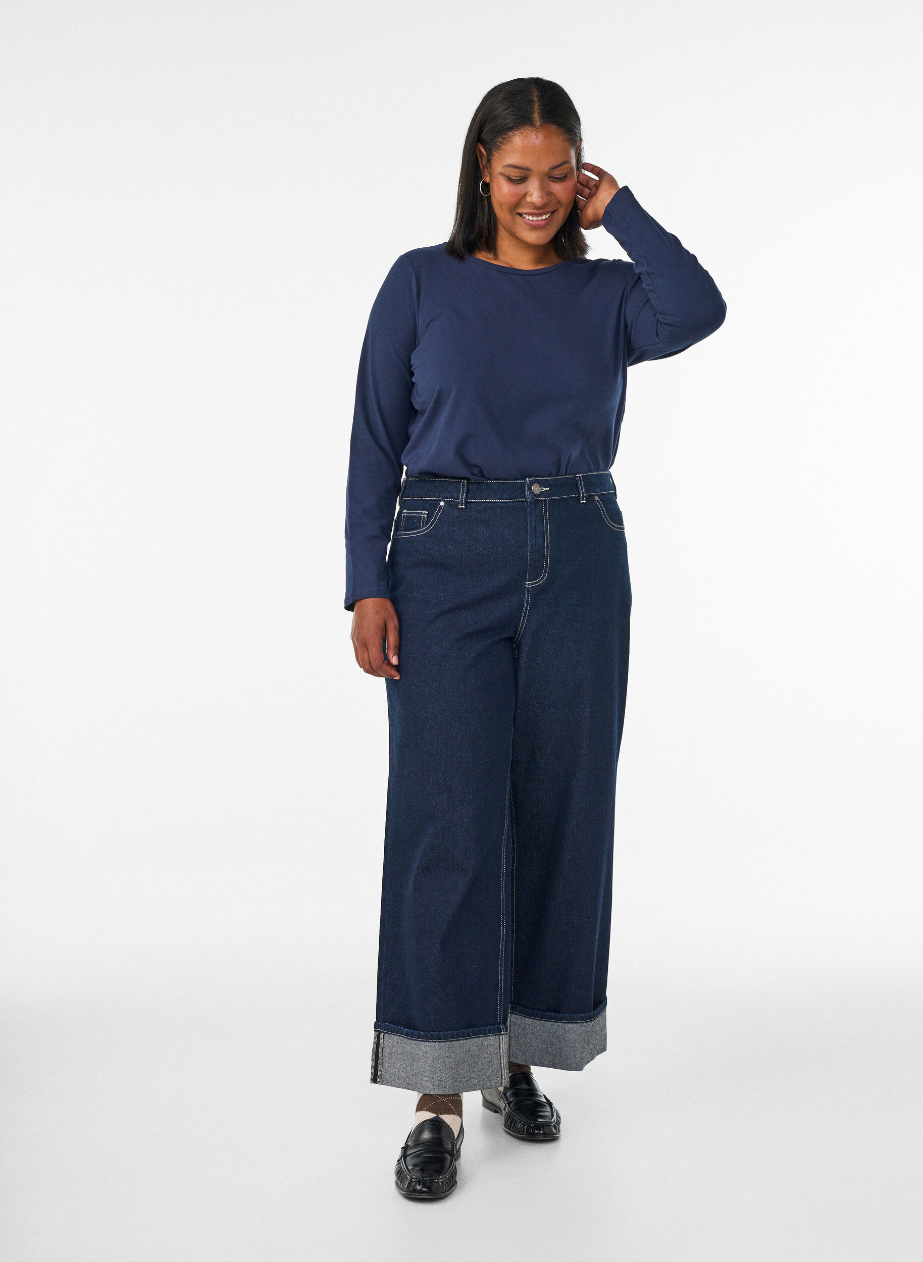 ZizziBasis jersey bluse med lange ermer, Bl&aring;, Model image number 1