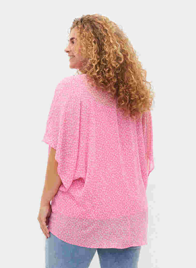 Mønstrete bluse med knyting og korte ermer, Pink Ditzy Flower, Model image number 1