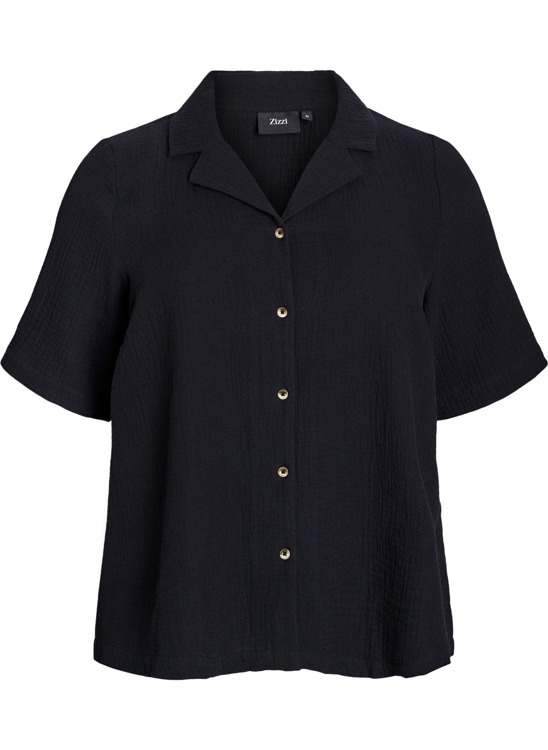 Zizzi Kortermet skjorte i bomullsmusselin, Svart, Packshot image number 0