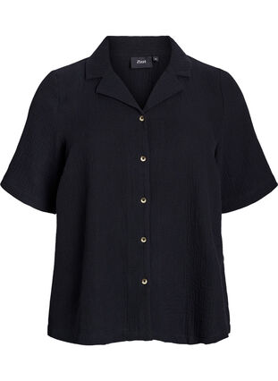 Zizzi Kortermet skjorte i bomullsmusselin, Svart, Packshot image number 0