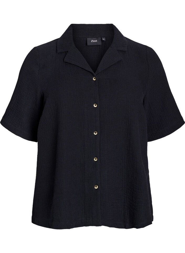 Kortermet skjorte i bomullsmusselin, Svart, Packshot image number 0