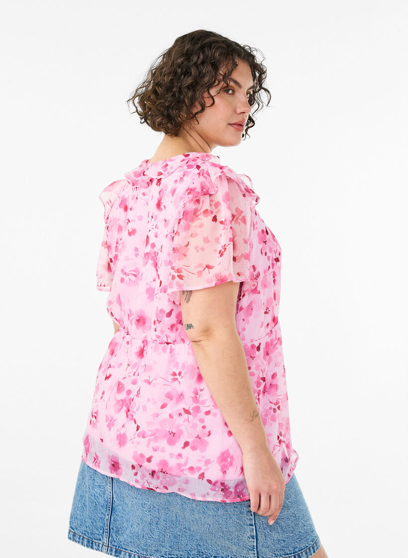 Blomstret bluse med volangkrage og peplumeffekt, Rosa, Model image number 2