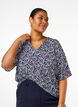 Bluse med V-hals og blomstertrykk, White Blue Flower, Model image number 0