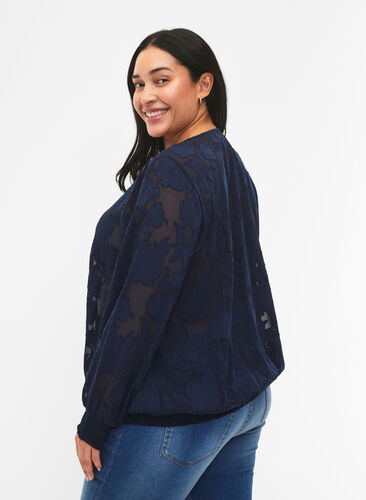 Jacquardbluse med smocking, Navy Blazer, Model image number 1