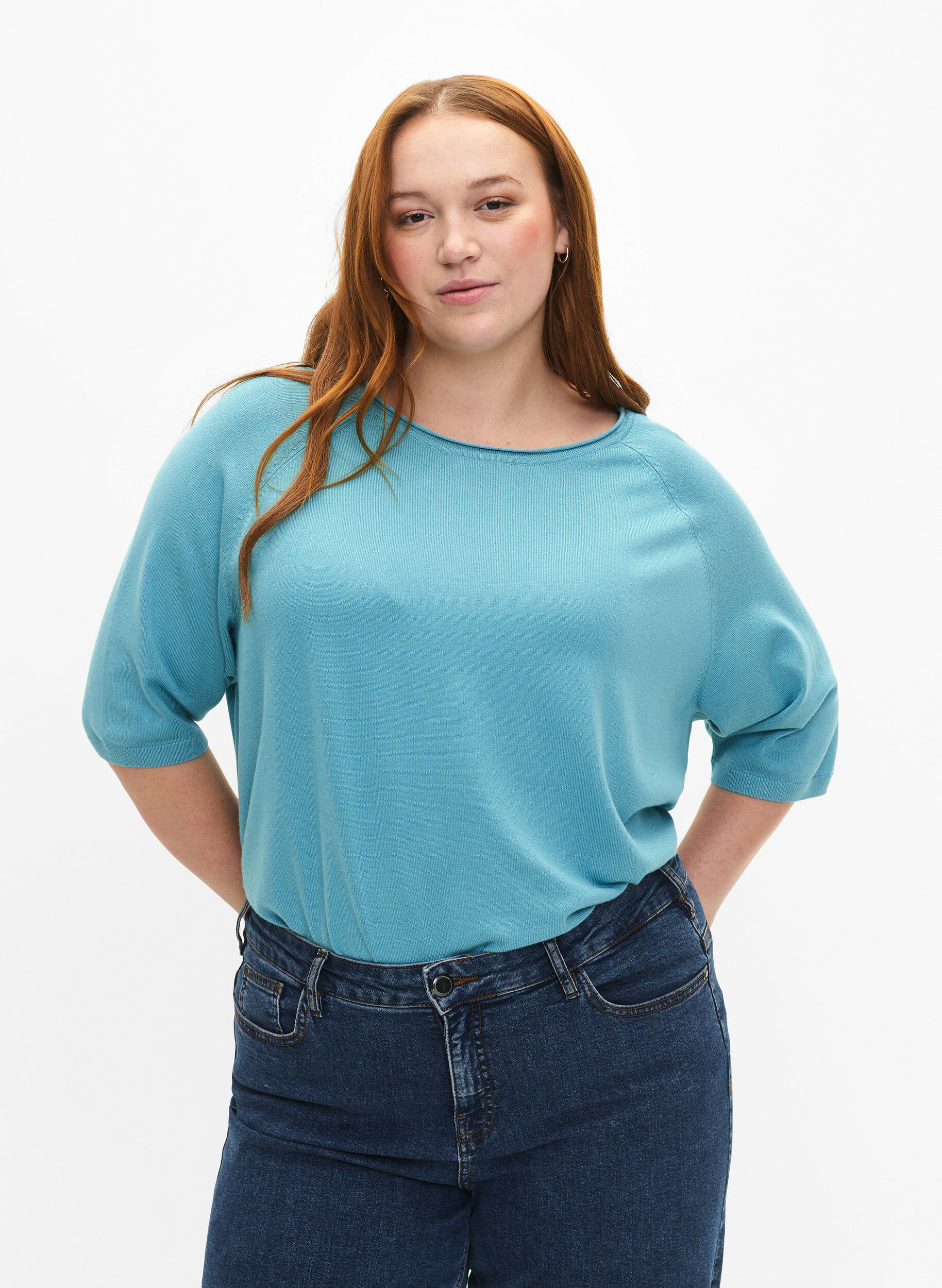 Zizzi Strikket bluse i viskose med 3/4 ermer, Reef Waters, Model image number 0