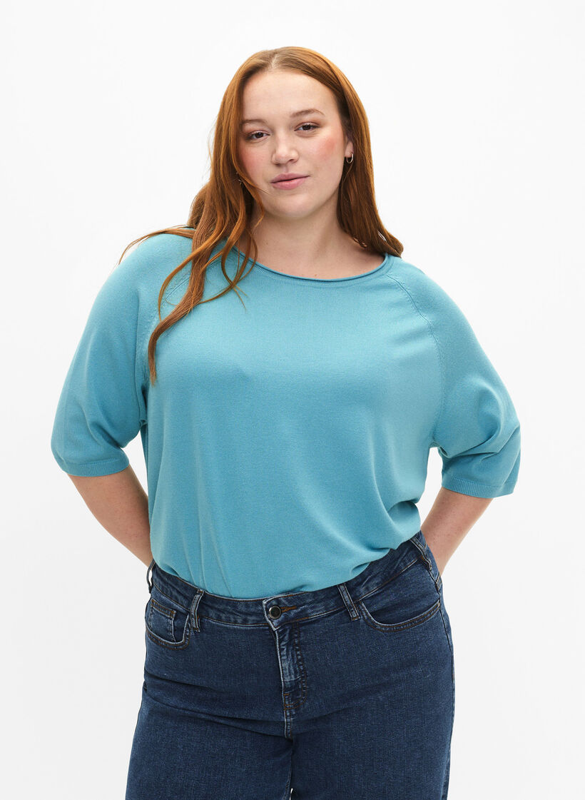 Strikket bluse i viskose med 3/4 ermer, Reef Waters, Model image number 0