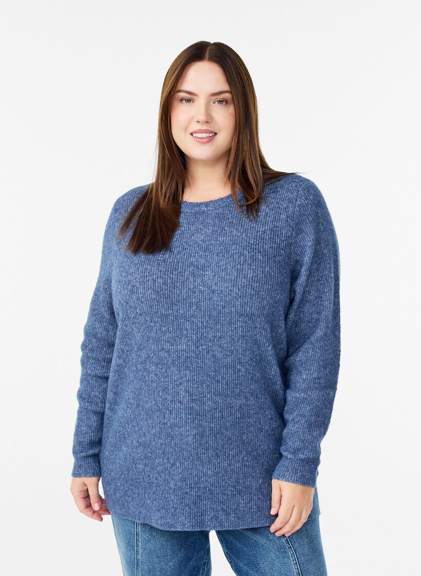 Melert strikkebluse med rund hals, Bl&aring;, Model image number 0