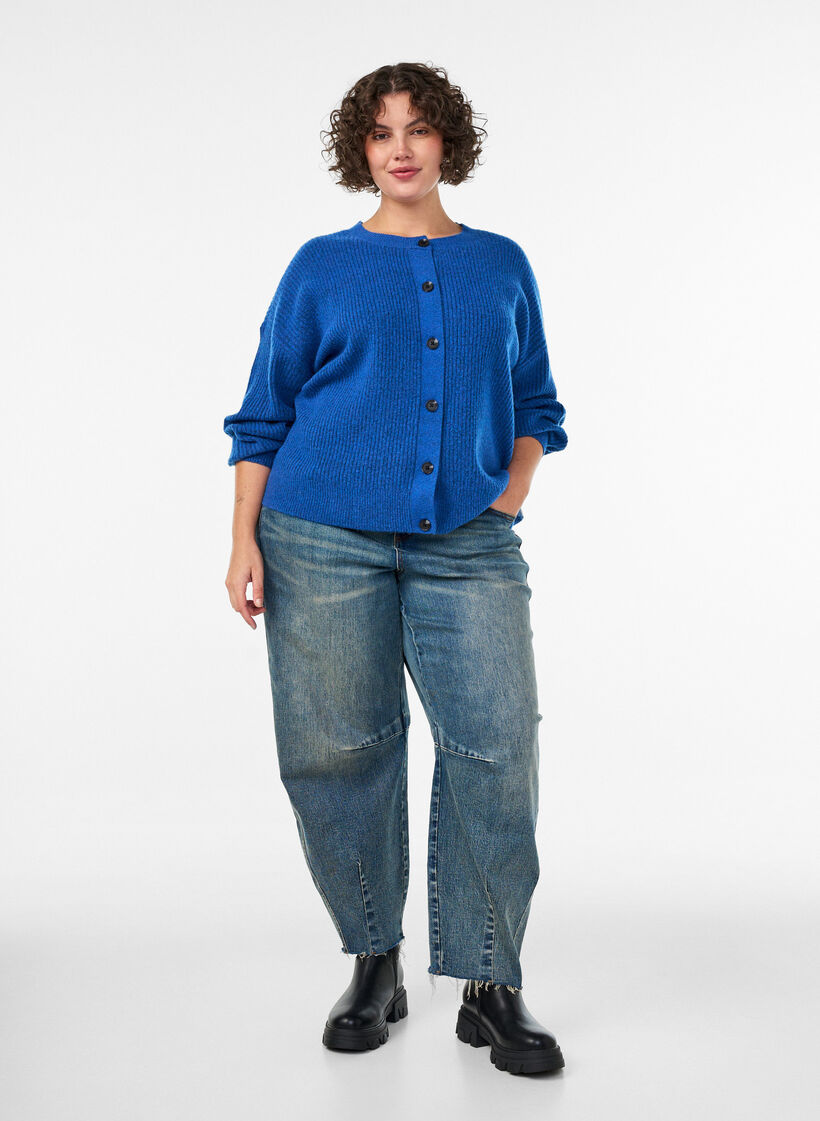 Ribbestrikket cardigan med knapper, Bl&aring;, Model image number 1