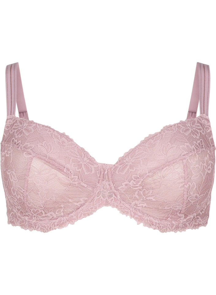 Heldekkende BH i mesh med blonder, Rosa, Packshot image number 0