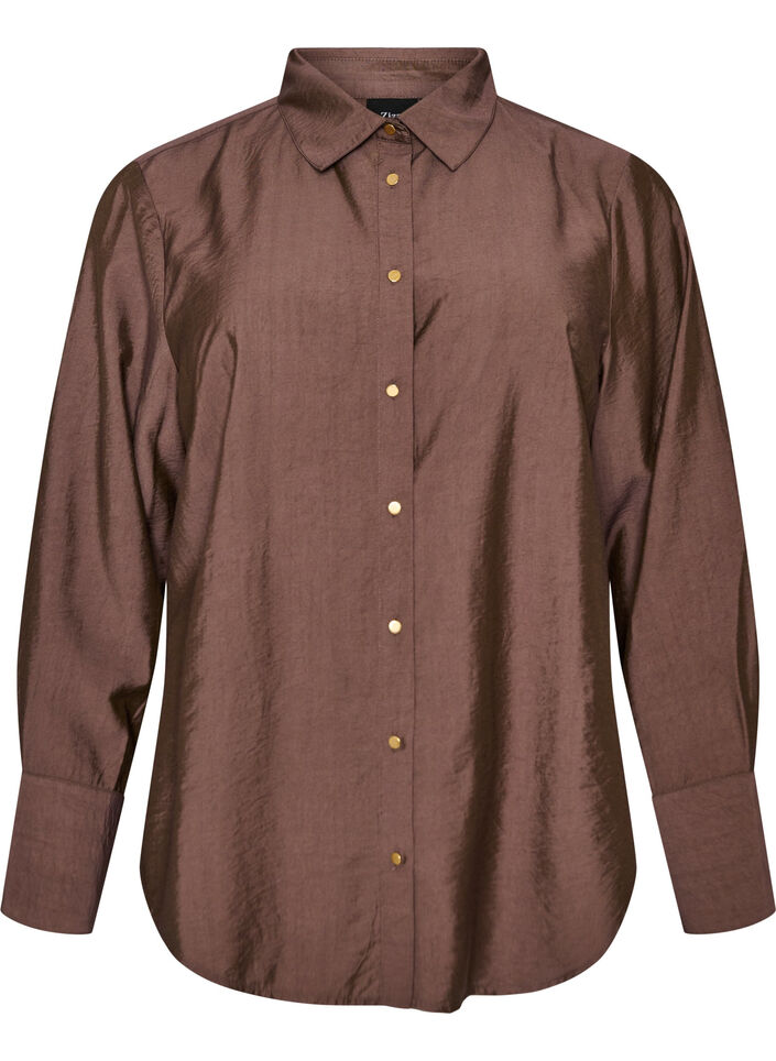 Viskoseskjorte med gullknapper, Brun, Packshot image number 0