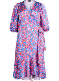 Blomstret omslagskjole med 3/4 ermer, Blue Pink Flower