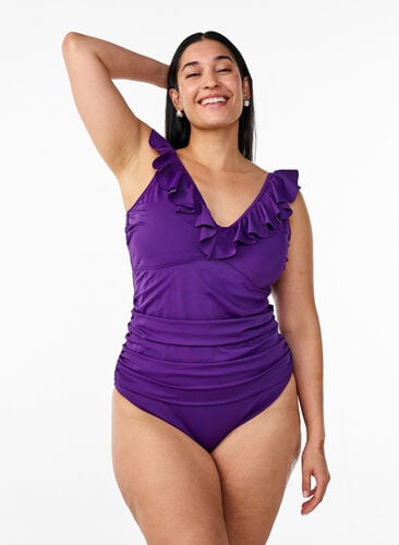 Zizzi Badedrakt med volanger og avtagbar polstring, Lilla, Model image number 0