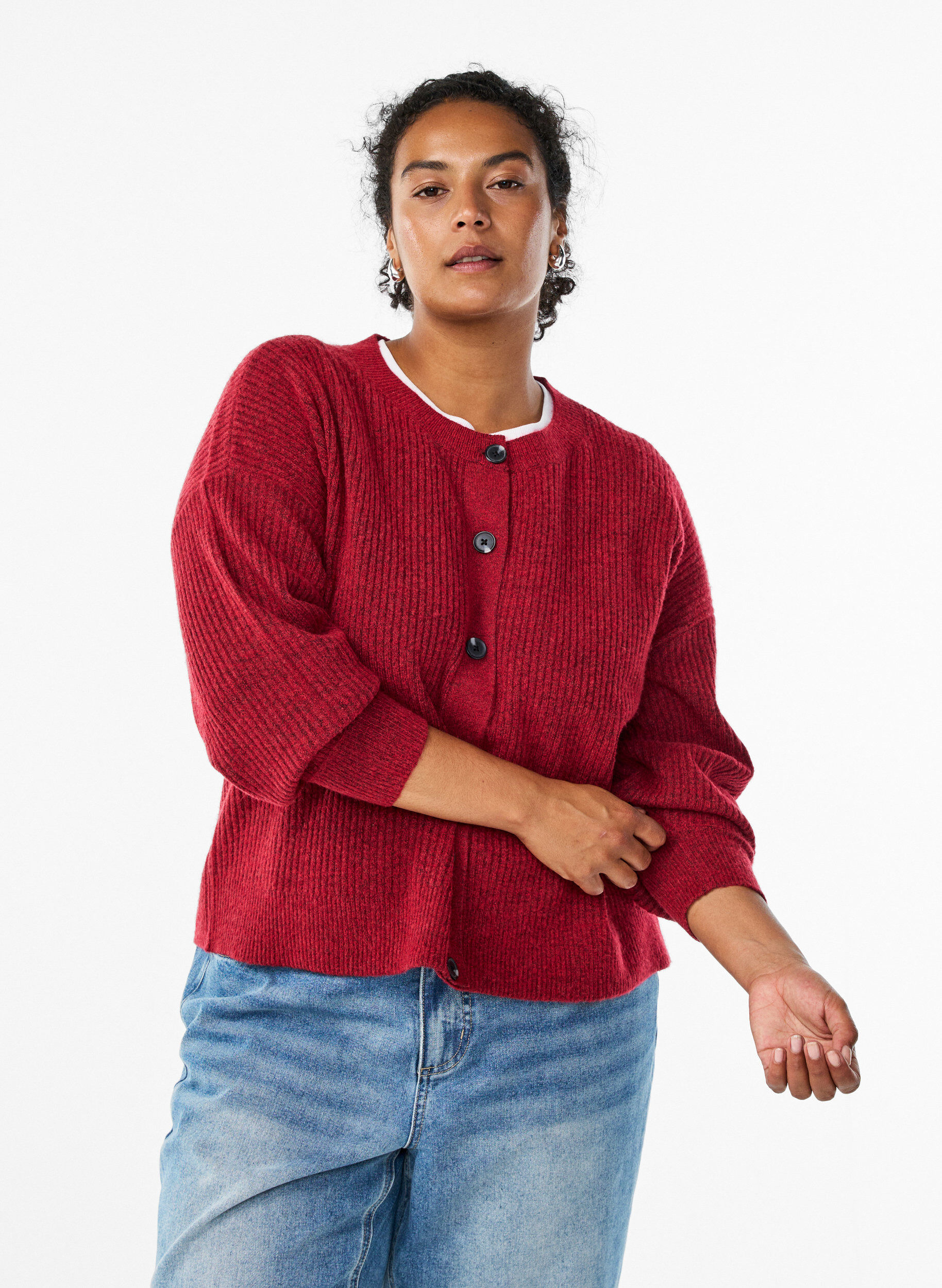 ZizziRibbestrikket cardigan med knapper, R&oslash;d, Model image number 0