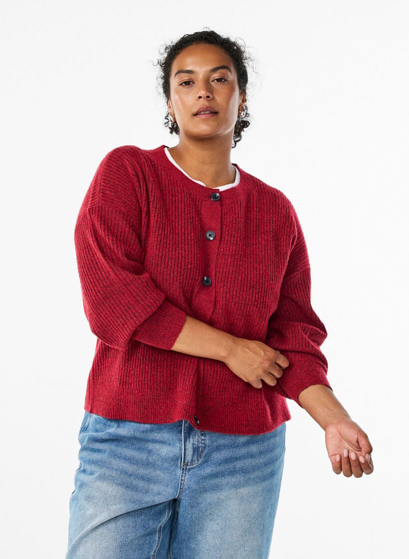 Ribbestrikket cardigan med knapper, R&oslash;d, Model image number 0