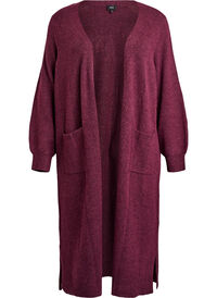 Lang strikket cardigan med lommer, Rød Lang strikket cardigan med lommer