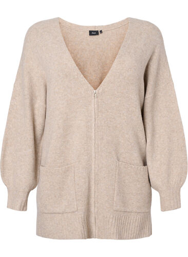 Strikket cardigan med glidelås og lommer, Simply Taupe Mel., Packshot image number 0