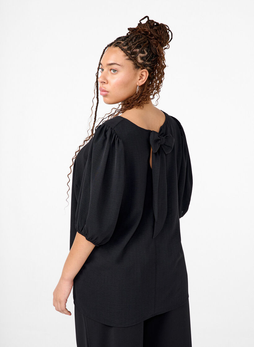 Kortermet bluse med sløyfe bak på ryggen, Black, Model image number 1