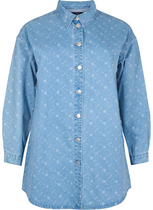 Denim skjorte med mønster, Light blue denim, Packshot image number 0