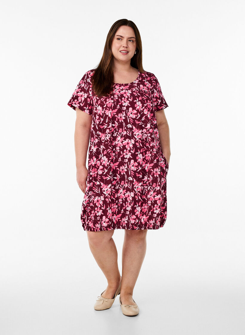 Kortermet bomullskjole med trykt mønster, Mørk Bordeaux, Model image number 1