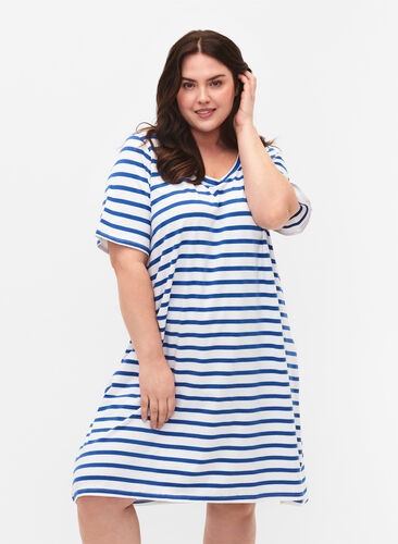 Stripete jerseykjole med korte ermer, Blue Stripes, Model image number 0