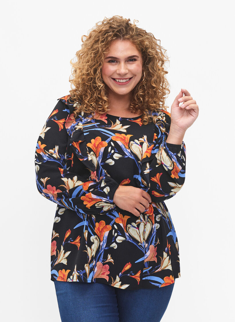Bluse med lange ermer og volanger, Black Flower AOP, Model image number 0