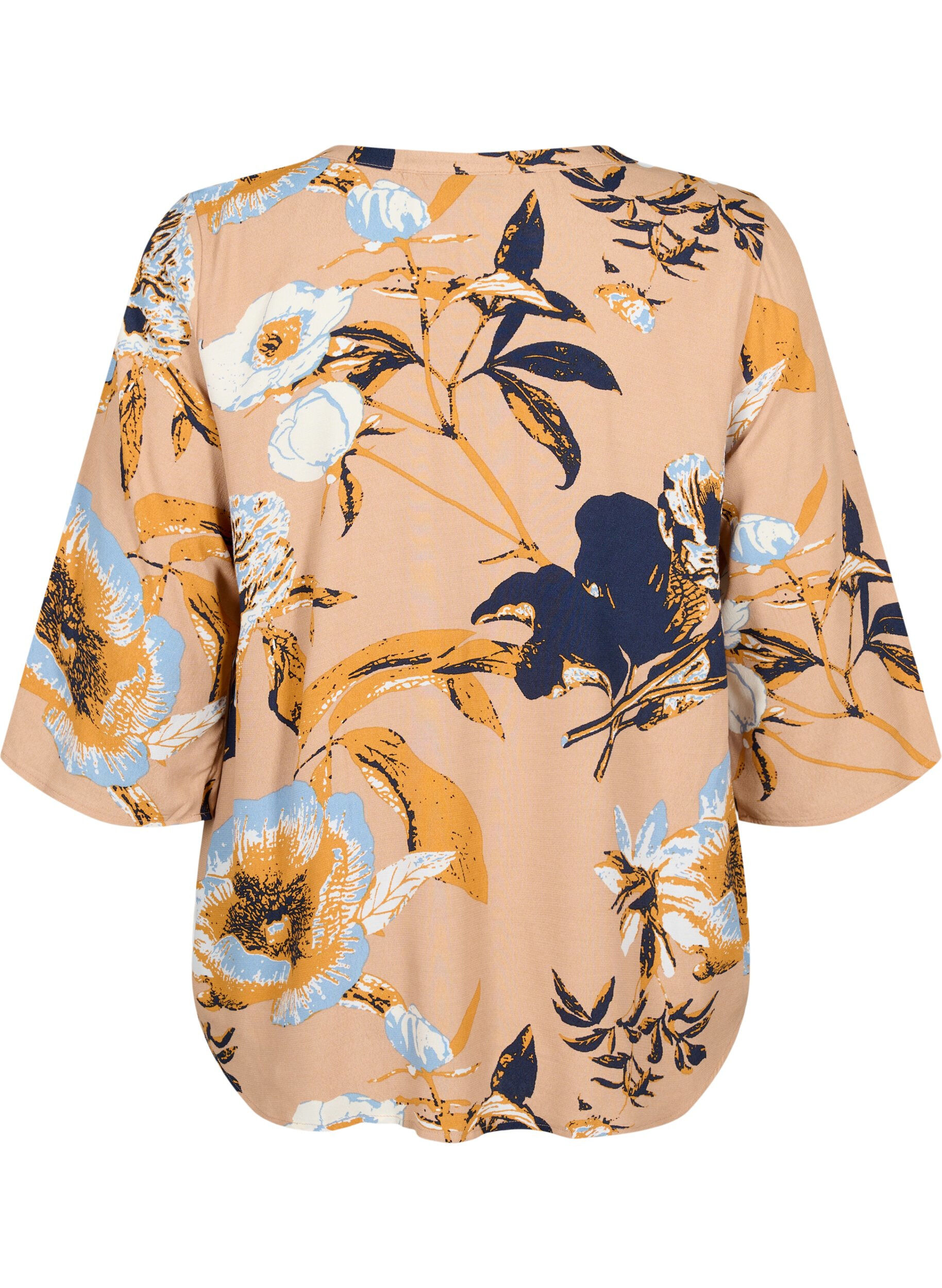 Zizzi Bluse i viskose med 3/4-ermer, Blue Flower AOP, Packshot image number 1