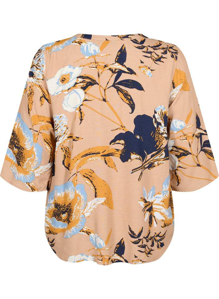 Bluse i viskose med 3/4-ermer, Blue Flower AOP, Packshot image number 1