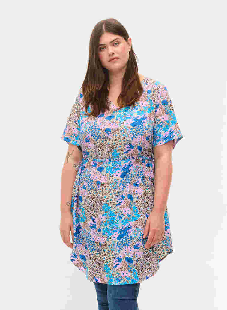 Mønstrete kjole med snøredetaljer, Blue Rose Flower, Model image number 0
