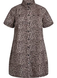 Denimskjortekjole med leopardtrykk, Brun Denimskjortekjole med leopardtrykk