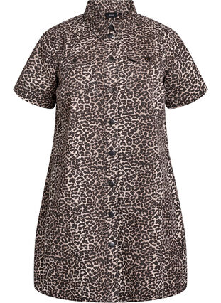 Zizzi Denimskjortekjole med leopardtrykk, Brun, Packshot image number 0