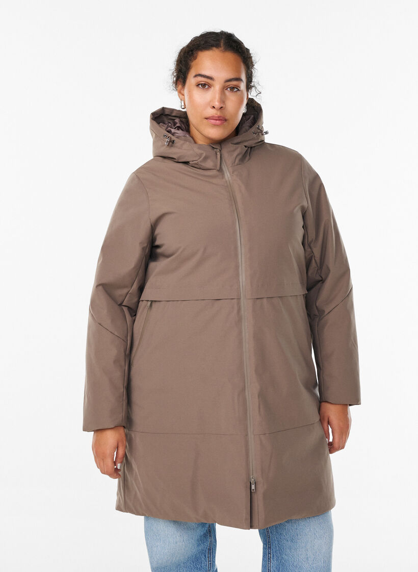 Vinterjakke med justerbar midje, Brun, Model image number 0