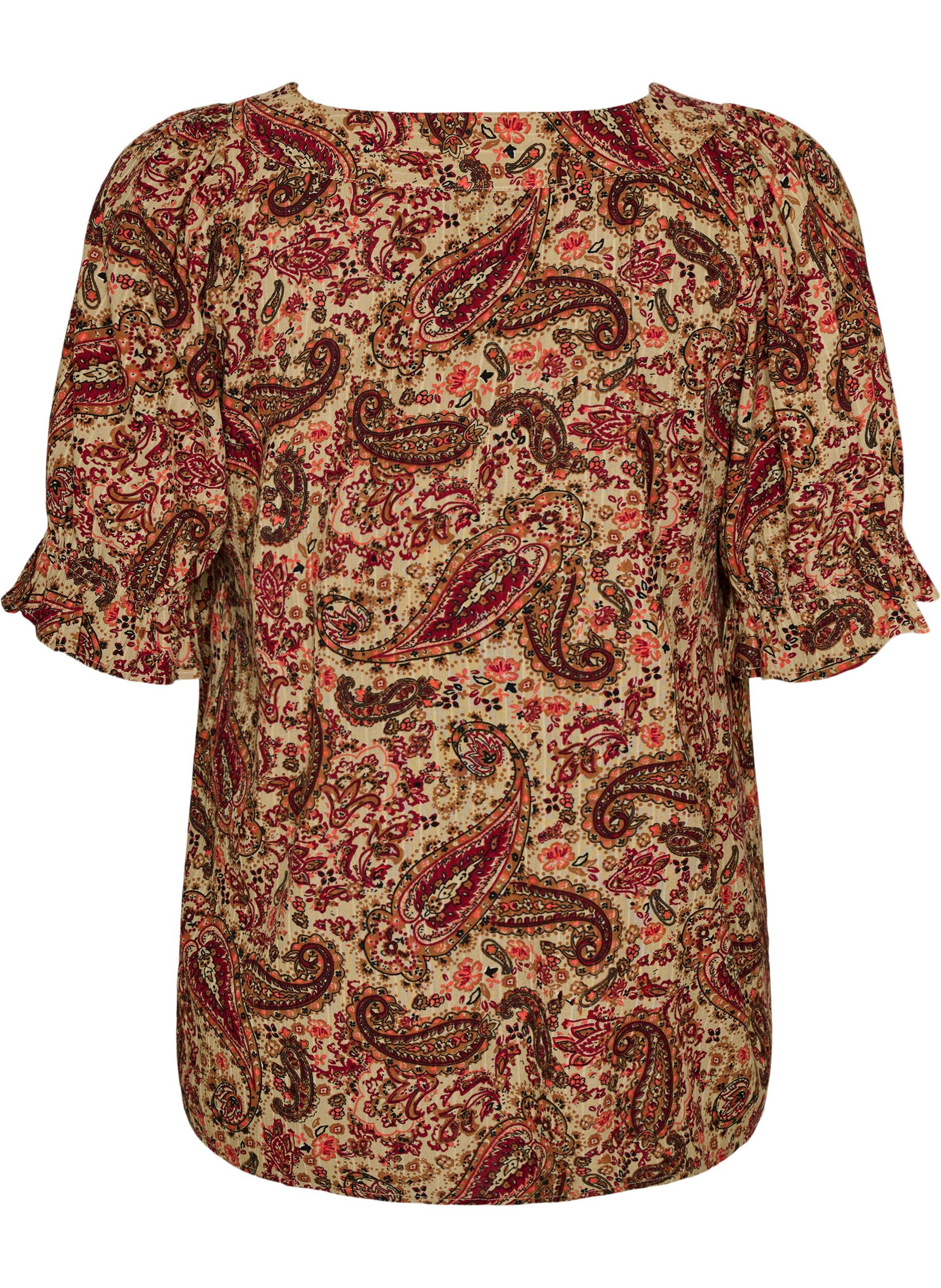 ZizziViskose bluse med paisleym&oslash;nster og firkantet utringning, Brun, Packshot image number 1
