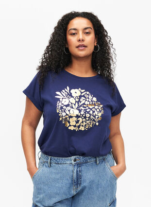 T-skjorte i økologisk bomull med gulltrykk, Med.Blue Gold Flower, Model image number 0